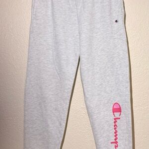 Champion Light Gray Sweatpants with Pink Logo Script